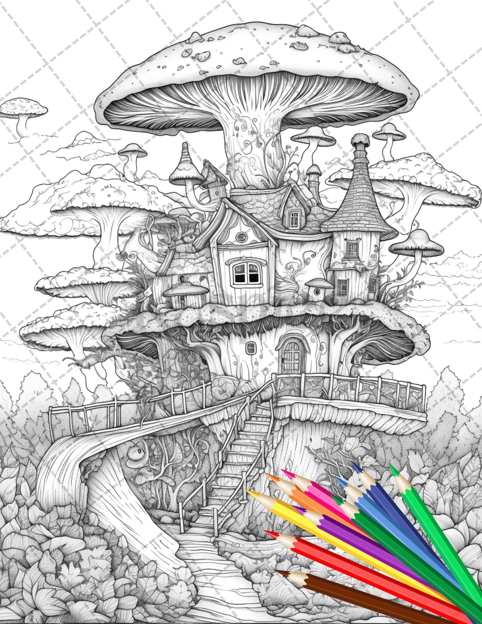 30 Fantasy Fairy Houses Coloring Page Book, Printable Adult Coloring Pages, Enchanted Fairy Home Grayscale Coloring Book, Printable PDF File