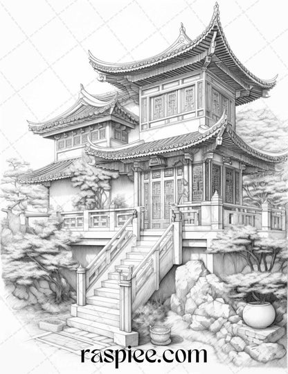 40 Traditional Chinese Houses Grayscale Coloring Pages Printable for Adults, PDF File Instant Download