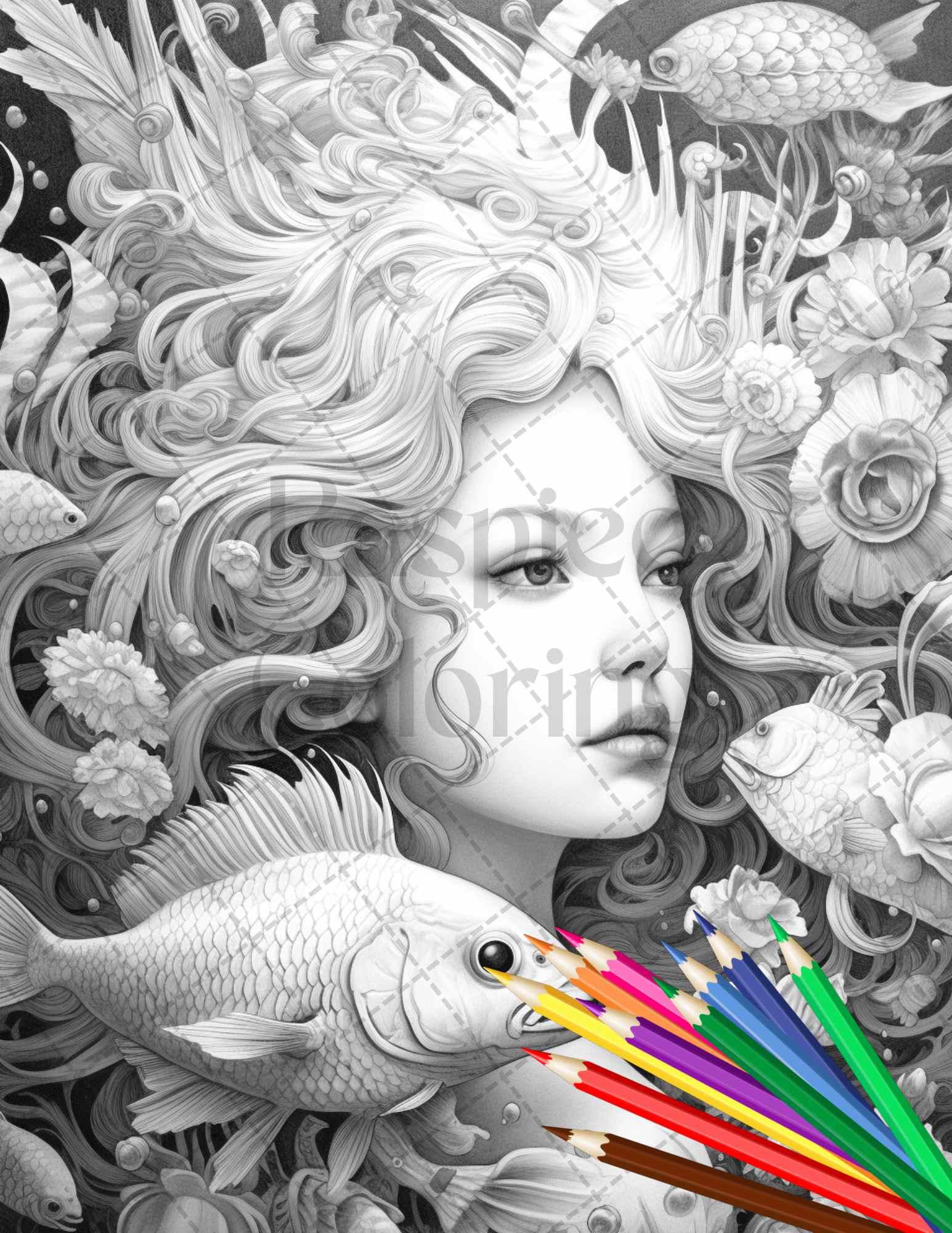 40 Enchanted Mermaid Grayscale Coloring Pages Printable for Adults, PDF File Instant Download