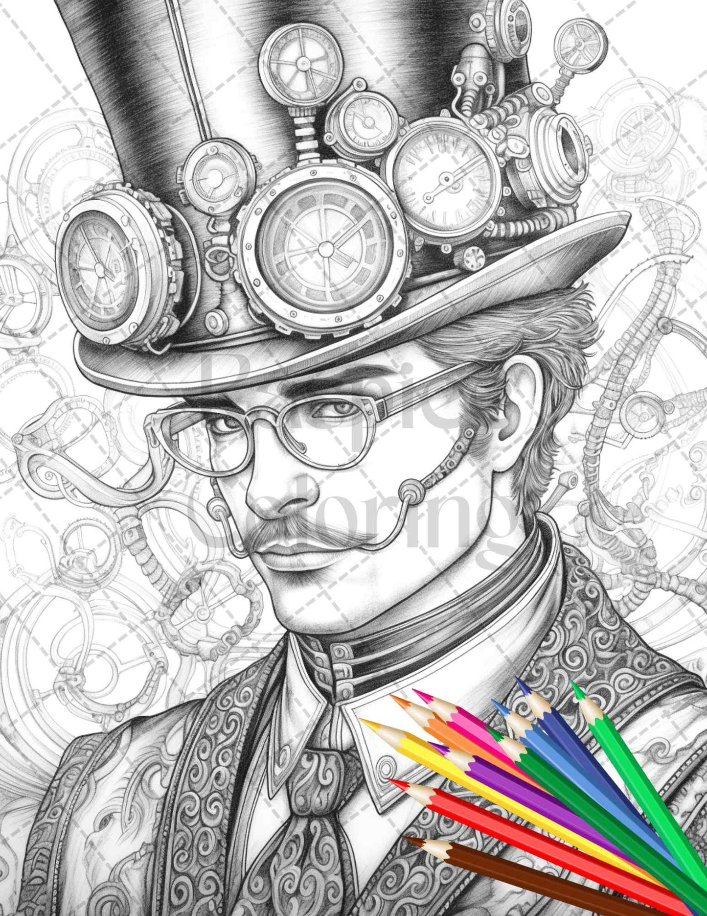 42 Steampunk Mens Grayscale Coloring Pages Printable for Adults, PDF File Instant Download