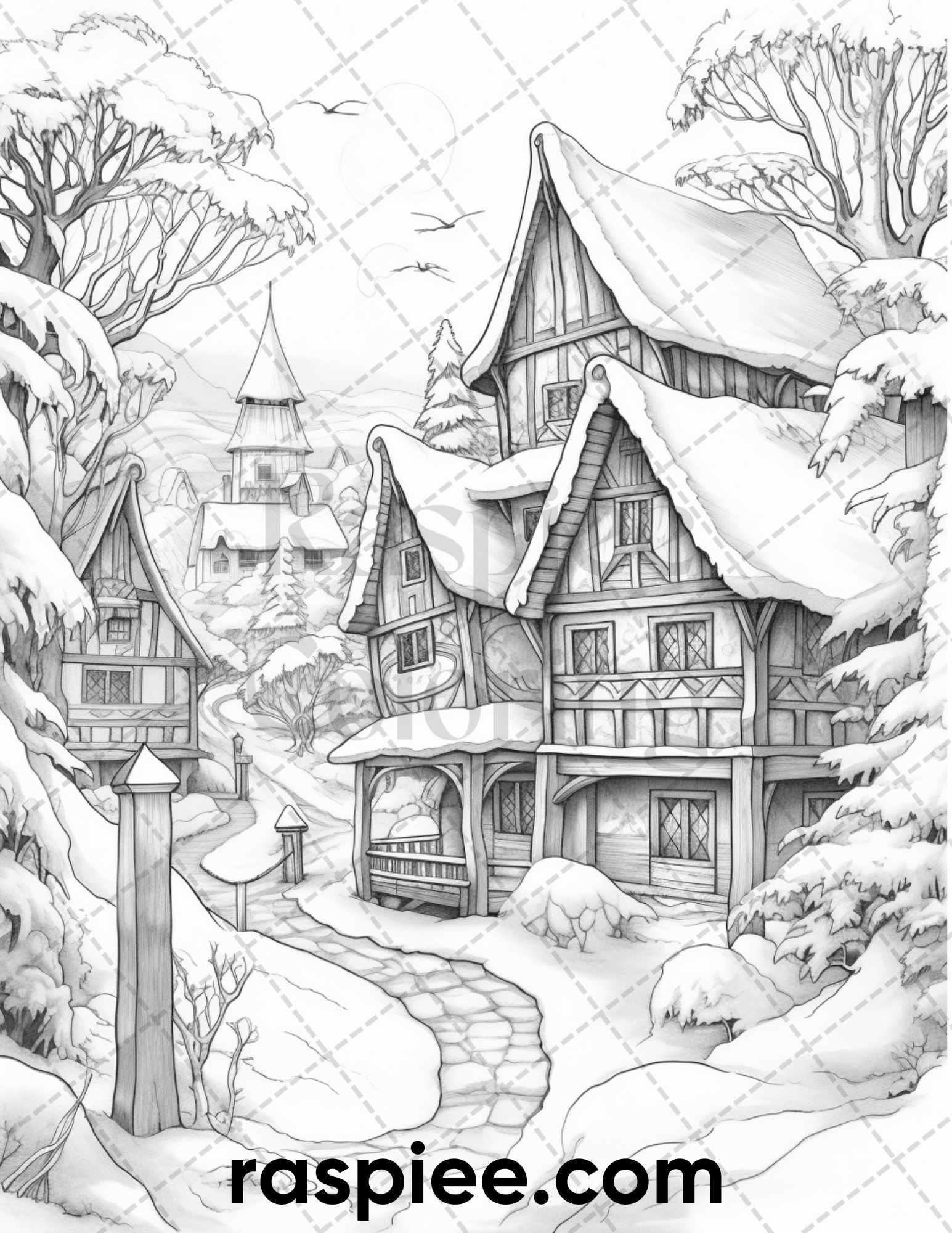 40 Fantasy Winter Village Grayscale Coloring Pages for Adults, PDF File Instant Download