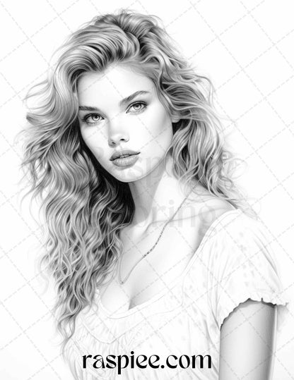 1980s Retro Beautiful Women Grayscale Coloring Pages for Adults, PDF File Instant Download