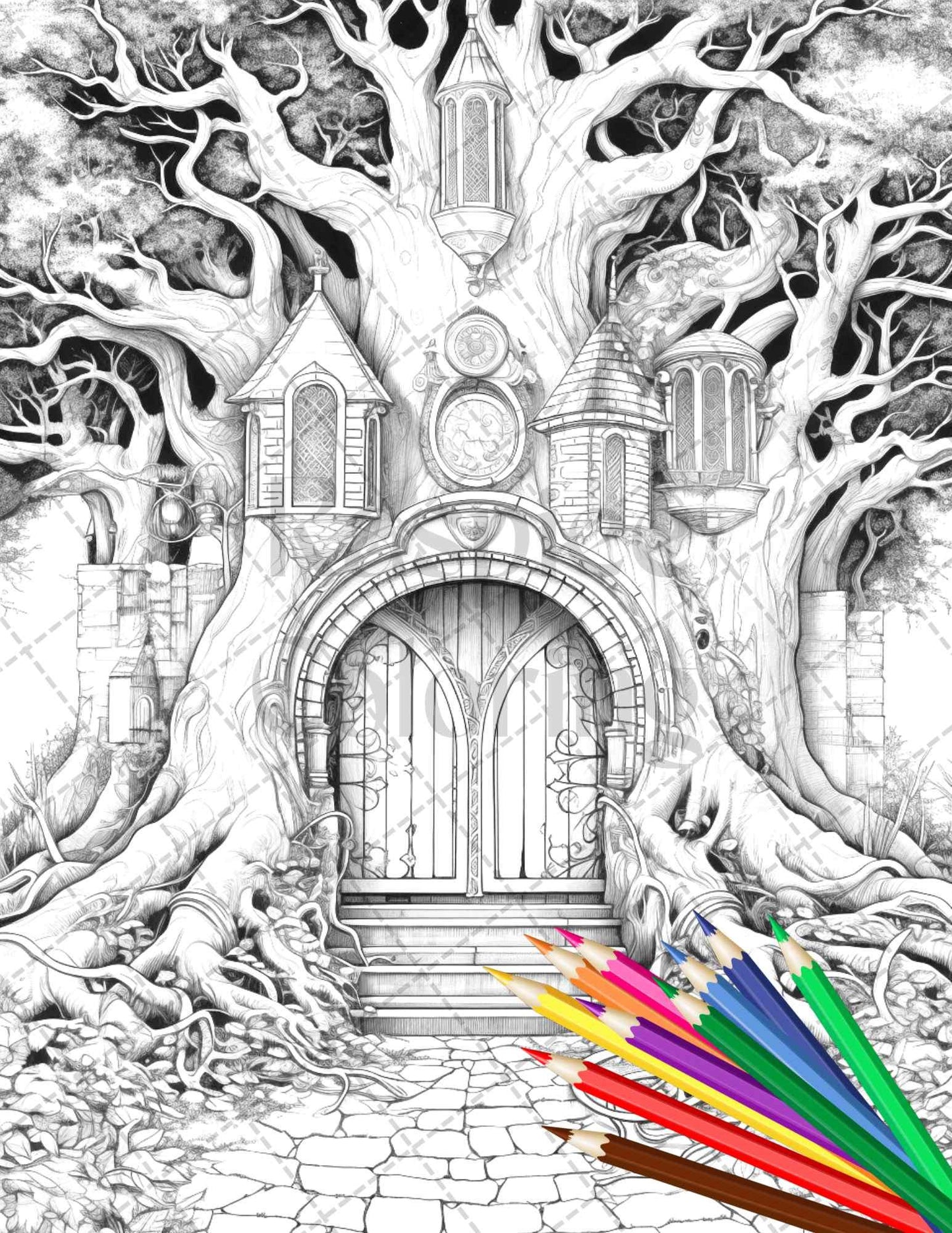 40 Magical Forest Gates Grayscale Coloring Pages Printable for Adults, PDF File Instant Download