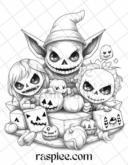 40 Halloween Creepy Kawaii Grayscale Coloring Pages for Adults and Kids, Printable PDF File Instant Download