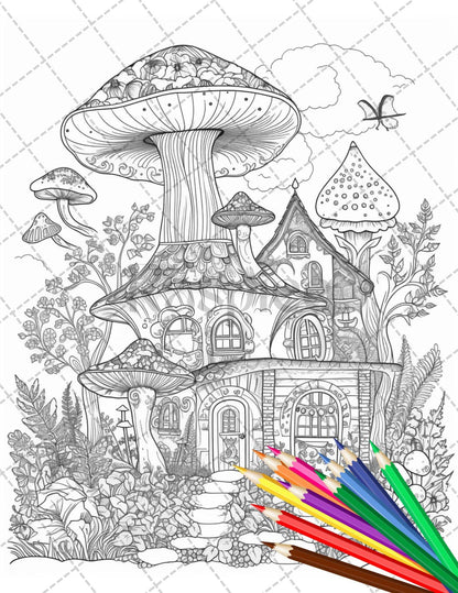 32 Whimsical Mushroom House Coloring Pages for Adults, Grayscale Coloring Book, Printable PDF File Download