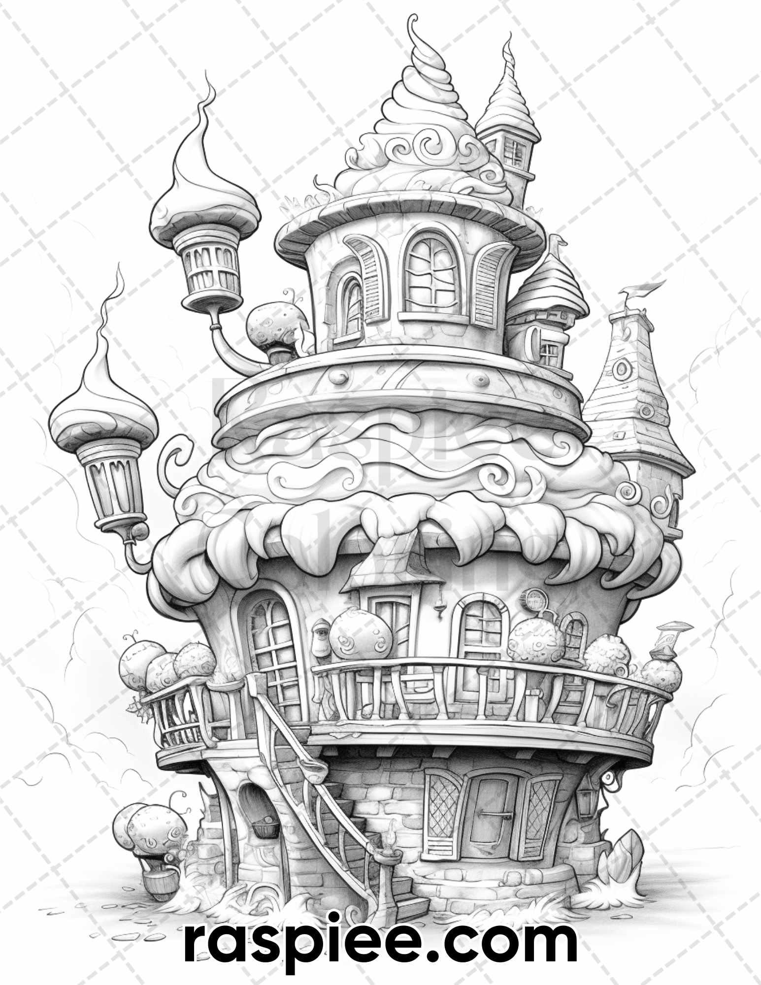 40 Whimsical Cupcake Houses Grayscale Coloring Pages for Adults, Printable PDF Instant Download