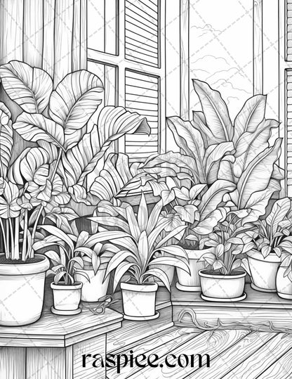 40 Window Plants Grayscale Coloring Pages Printable for Adults, PDF File Instant Download