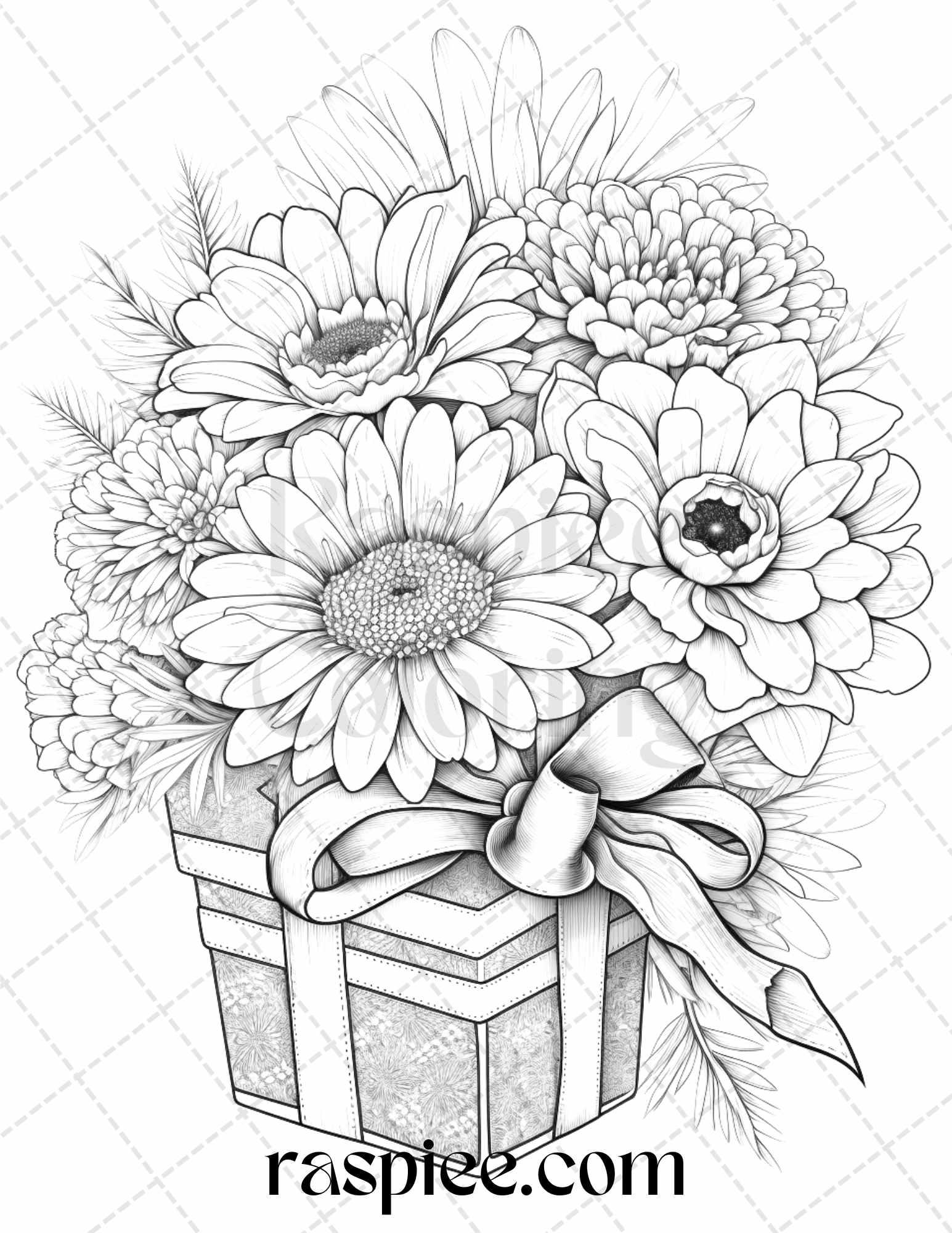 40 Flower Gift Box Grayscale Coloring Pages Printable for Adults Kids, PDF File Instant Download