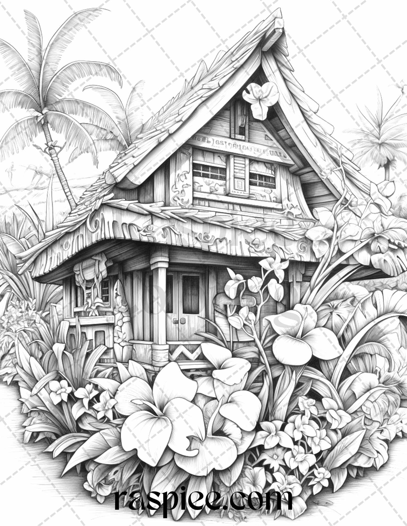 40 Hawaii Tiki Houses Grayscale Coloring Pages Printable for Adults, PDF File Instant Download