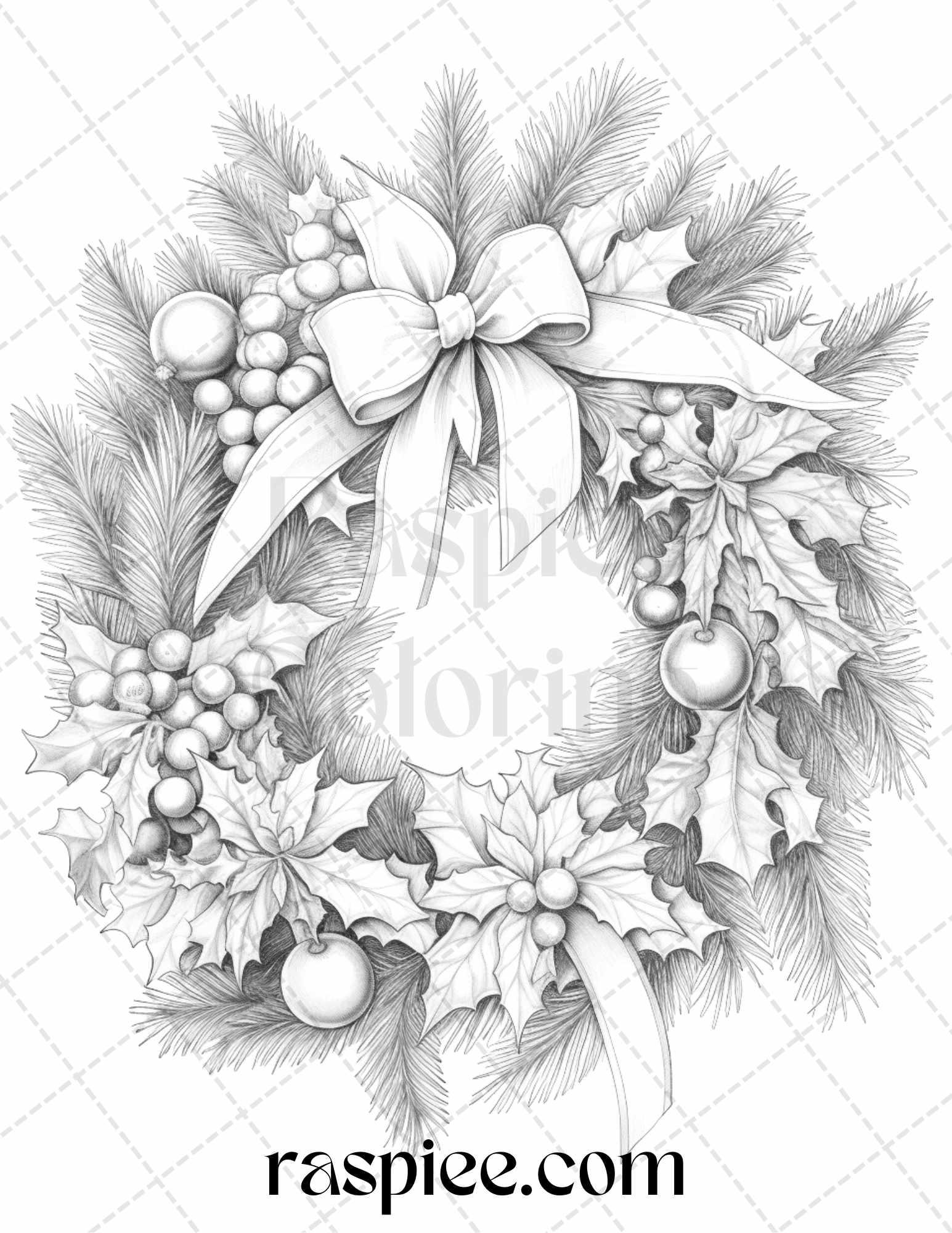 40 Christmas Wreath Grayscale Coloring Pages Printable for Adults, PDF File Instant Download