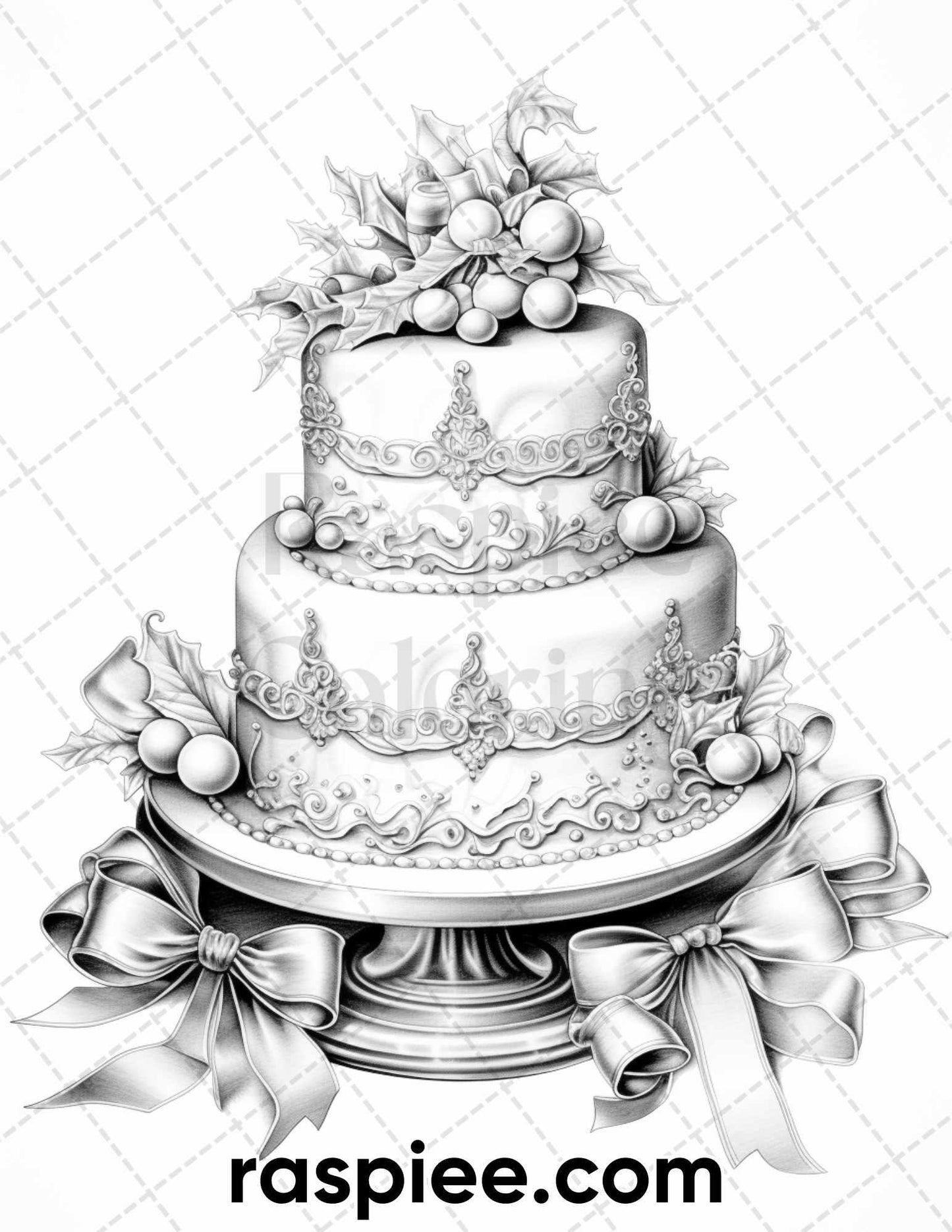 45 Christmas Cakes Grayscale Coloring Pages for Adults, Printable PDF File Instant Download