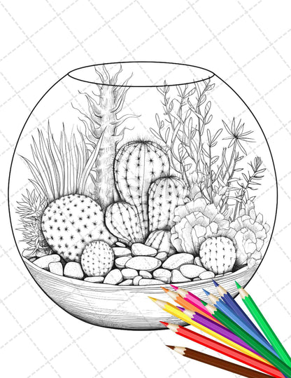 34 Enchanted Terrarium Grayscale Coloring Pages Printable for Adults, PDF File Instant Download