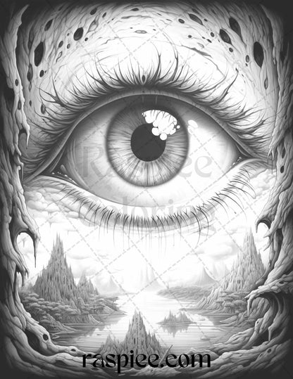 40 Surrealism Eyes Grayscale Coloring Pages Printable for Adults, PDF File Instant Download