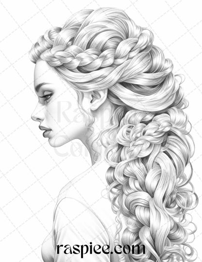 43 Beautiful Hairstyles Grayscale Coloring Pages Printable for Adults, PDF File Instant Download