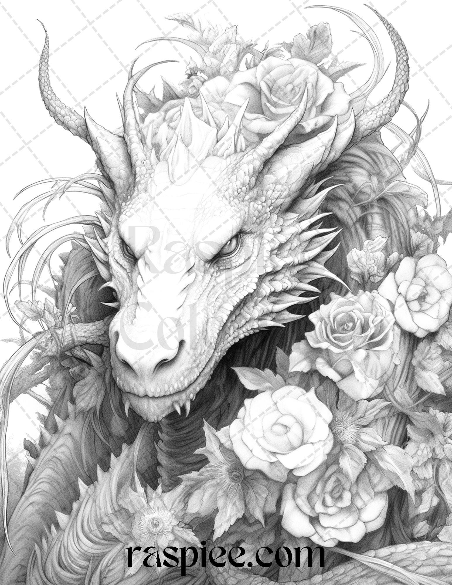 40 Flower Dragon Grayscale Coloring Pages Printable for Adults, PDF File Instant Download