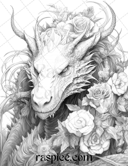 40 Flower Dragon Grayscale Coloring Pages Printable for Adults, PDF File Instant Download