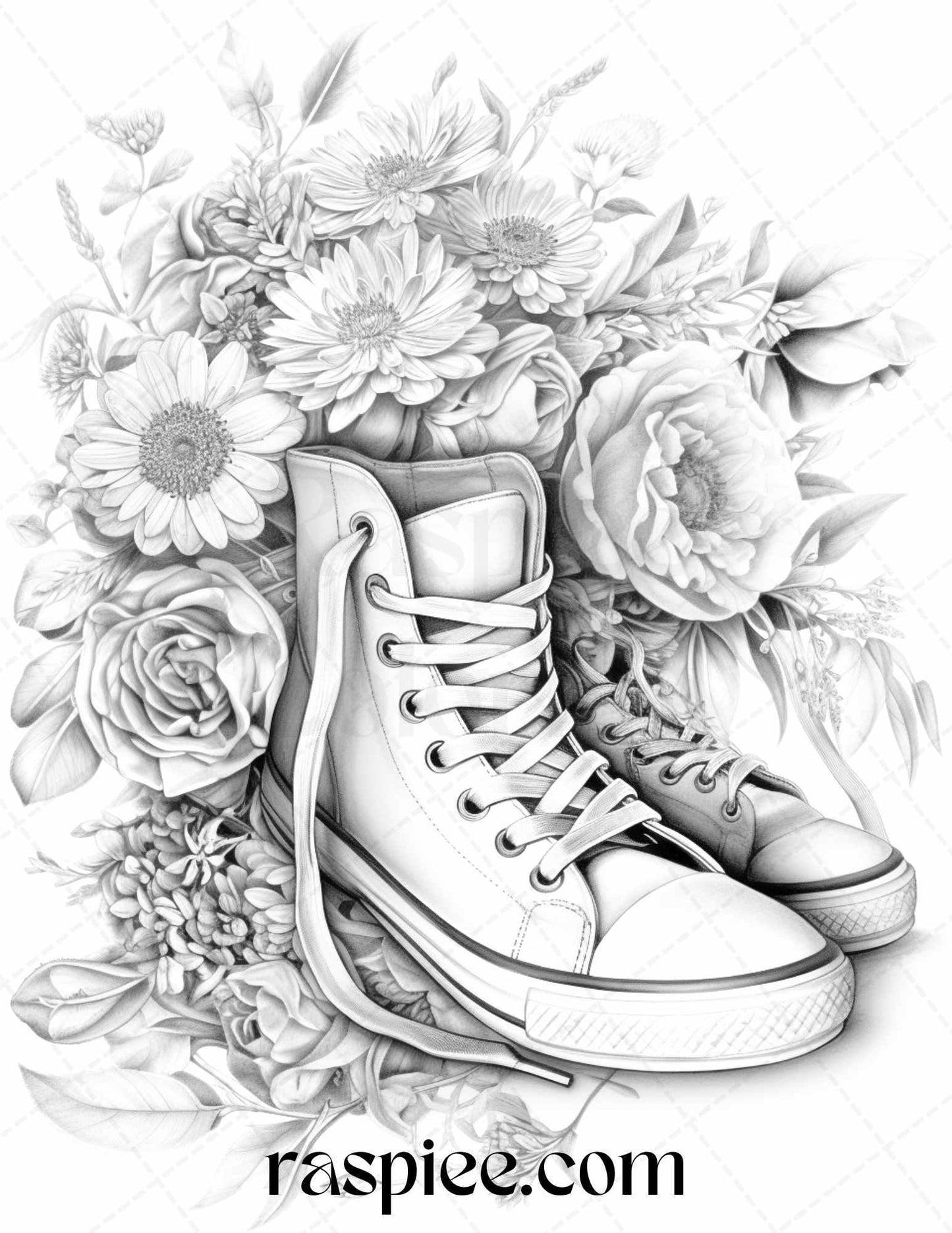 40 Flower Sneakers Grayscale Coloring Pages Printable for Adults, PDF File Instant Download