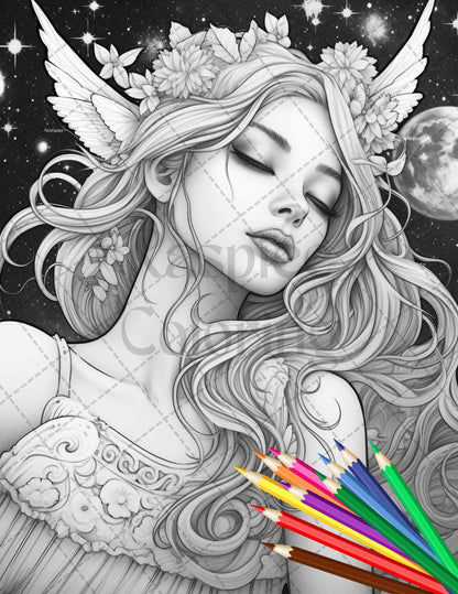 34 Beautiful Moon Fairies Grayscale Coloring Pages Printable for Adults, PDF File Instant Download