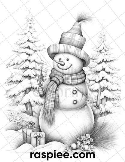 40 Chistmas Snowman Grayscale Coloring Pages for Adults, Printable PDF Instant Download