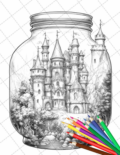 42 Fantasy Castle In Jar Grayscale Coloring Pages Printable for Adults, PDF File Instant Download