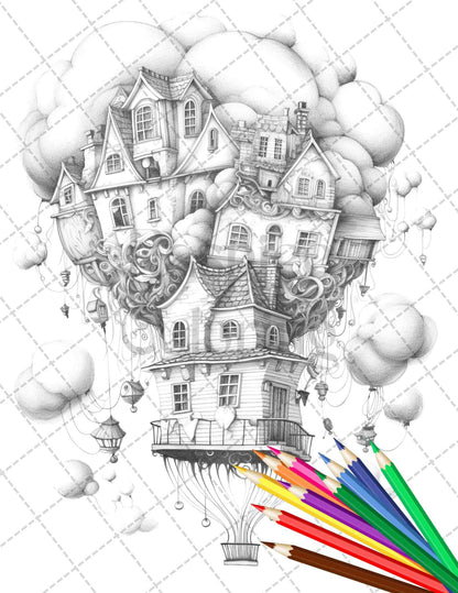 40 Fantasy Sky Houses Grayscale Coloring Pages Printable for Adults, PDF File Instant Download