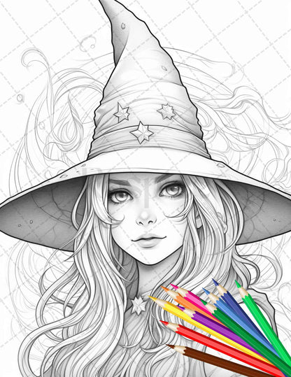 40 Cute Witches Coloring Pages Printable for Adults, Grayscale Coloring Page, PDF File Instant Download