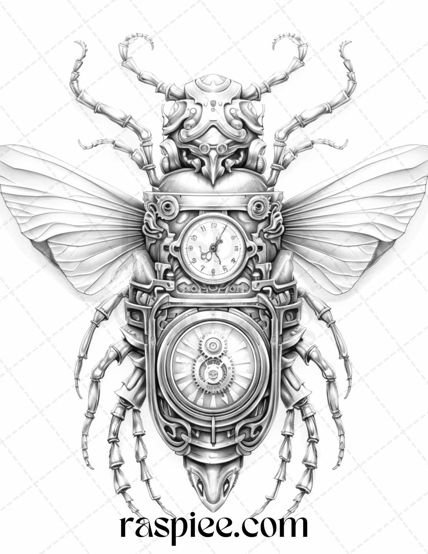 42 Steampunk Bugs Grayscale Coloring Pages Printable for Adults, PDF File Instant Download