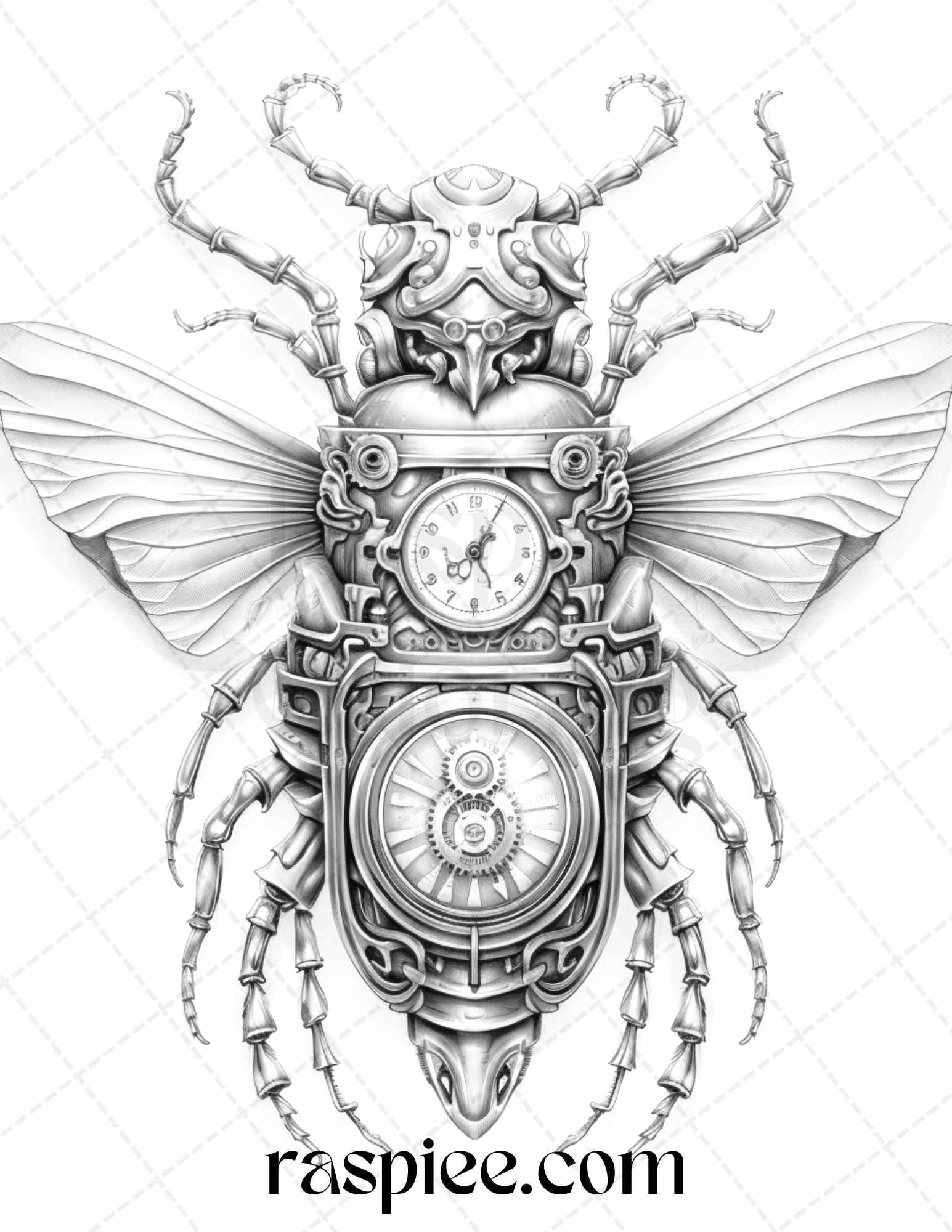 42 Steampunk Bugs Grayscale Coloring Pages Printable for Adults, PDF File Instant Download