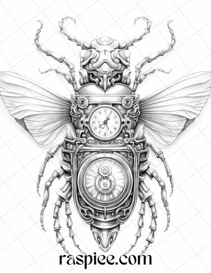 42 Steampunk Bugs Grayscale Coloring Pages Printable for Adults, PDF File Instant Download