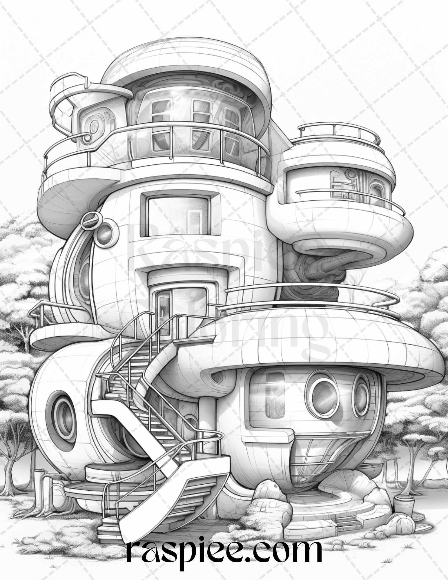 43 Futuristic Houses Grayscale Coloring Pages Printable for Adults, PDF File Instant Download