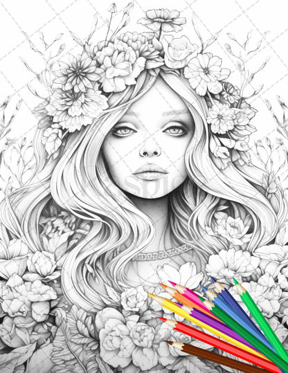 38 Flower Goddess Coloring Pages Printable for Adults, Grayscale Coloring Page, PDF File Instant Download