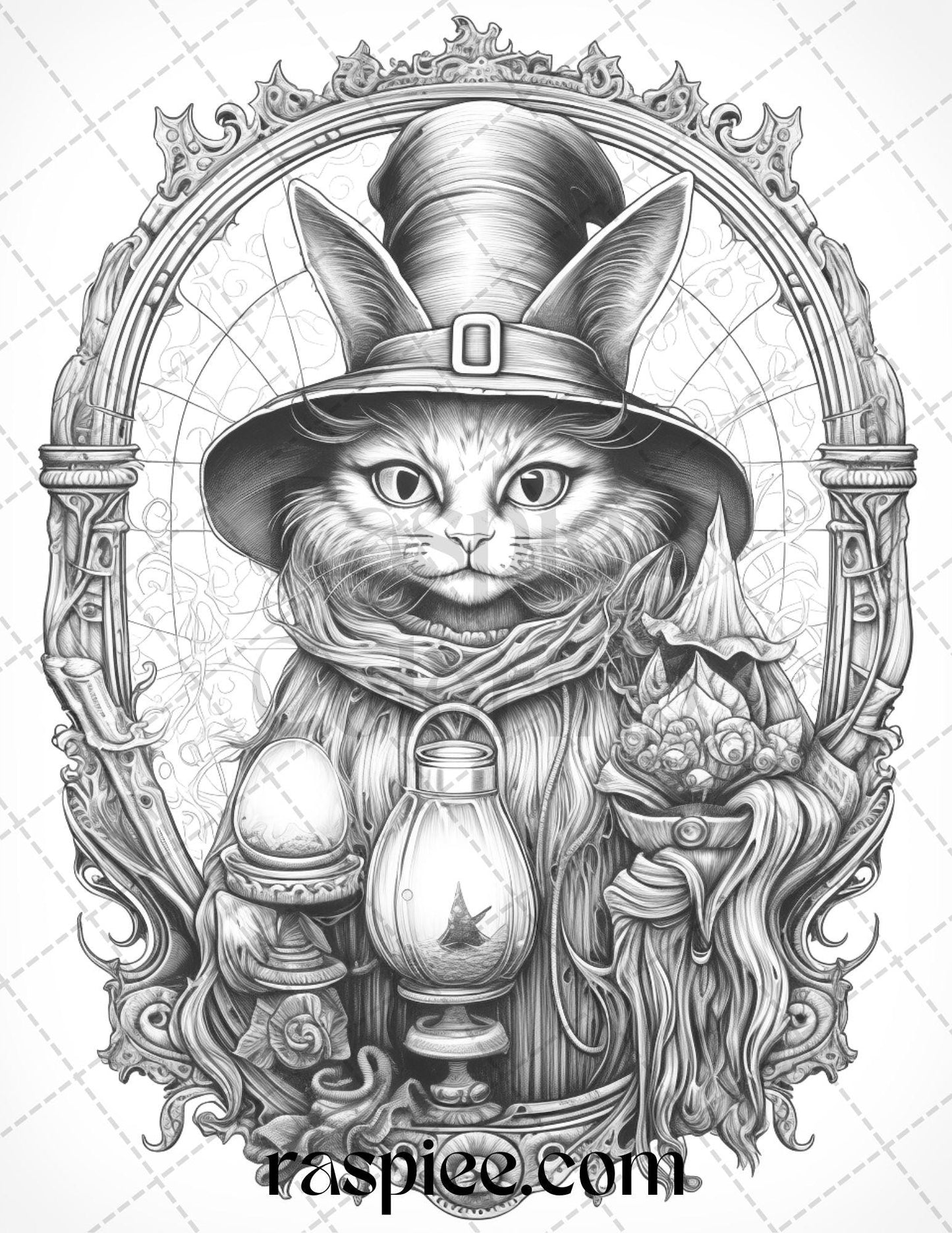 40 Halloween Witch Cat Grayscale Coloring Pages Printable for Adults, PDF File Instant Download