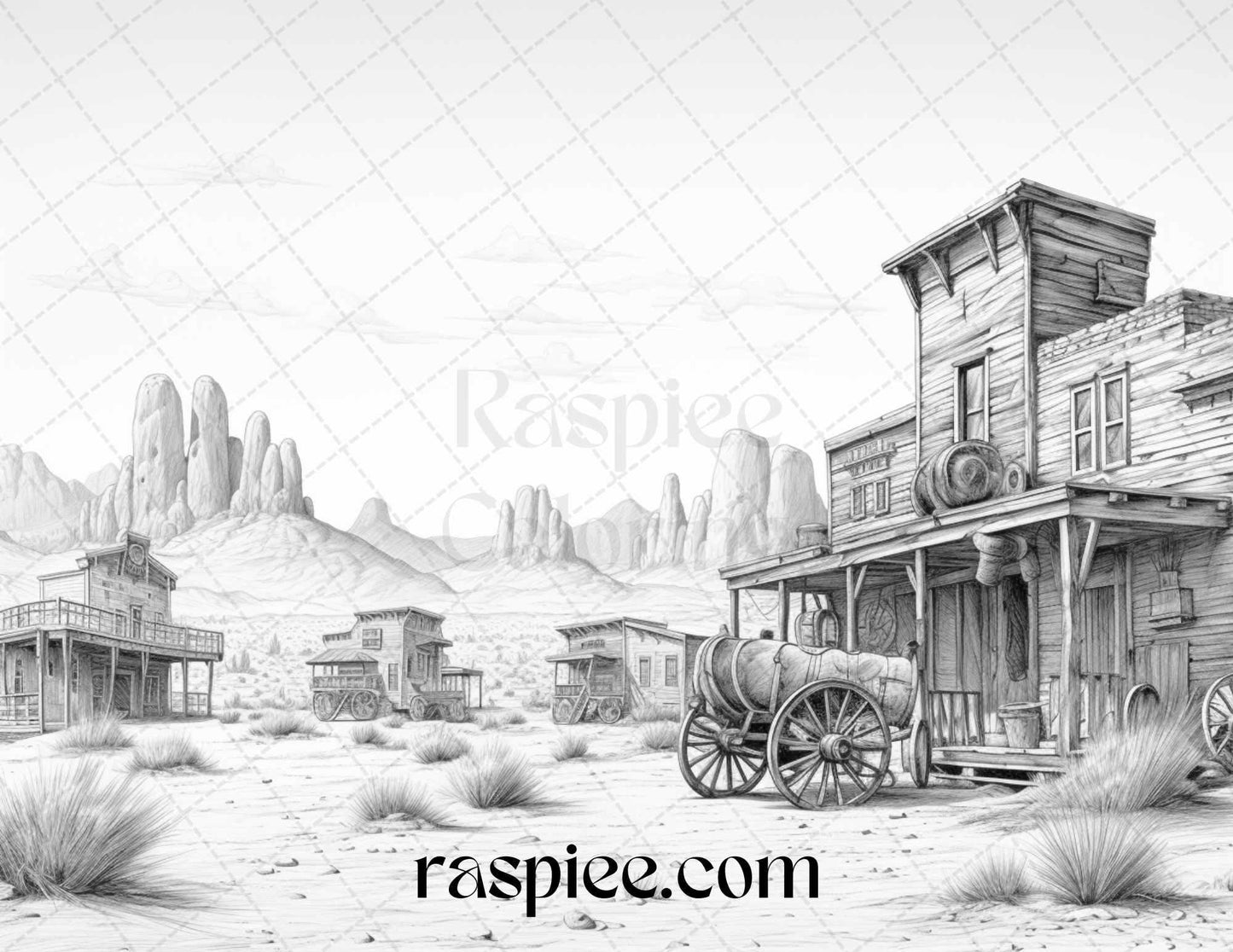 40 Wild West Towns Grayscale Coloring Pages Printable for Adults, PDF File Instant Download