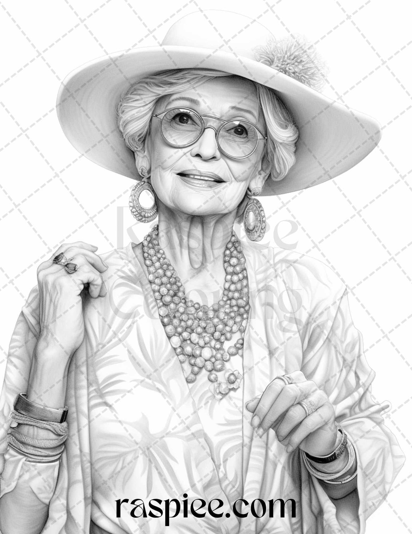 40 Fashionista Grandma Grayscale Coloring Pages Printable for Adults, PDF File Instant Download