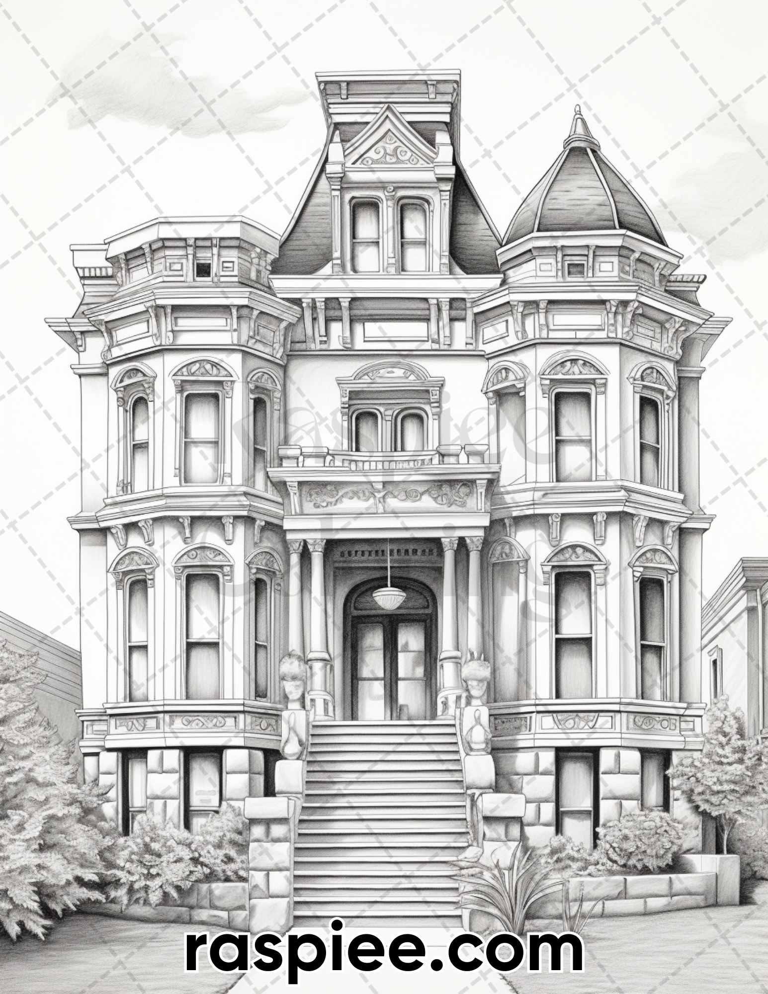 40 Victorian Mansions Grayscale Coloring Pages for Adults, Printable PDF Instant Download