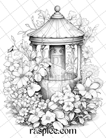 40 Whimsical Wishing Wells Grayscale Coloring Pages Printable for Adults, PDF File Instant Download