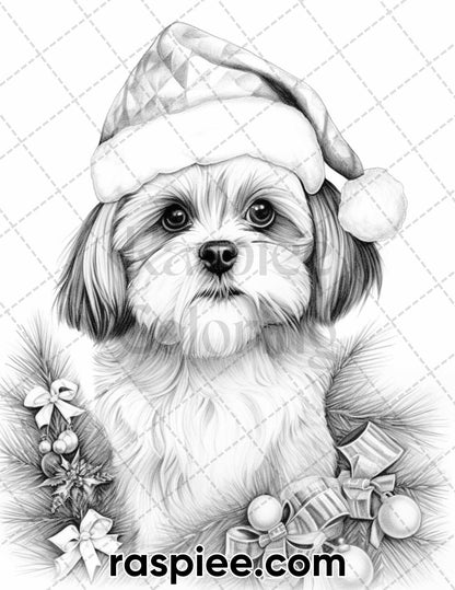 45 Christmas Dogs Grayscale Coloring Pages for Adults, Printable PDF Instant Download