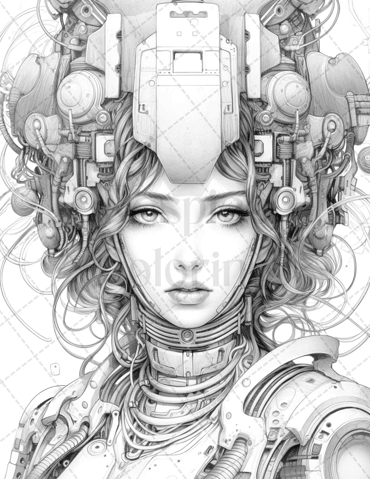 40 Beautiful Cyborg Girls Grayscale Coloring Pages Printable for Adults, PDF File Instant Download