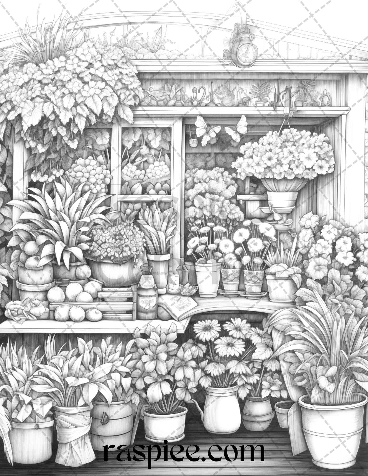 45 Flower Store Front Grayscale Coloring Pages Printable for Adults, PDF File Instant Download