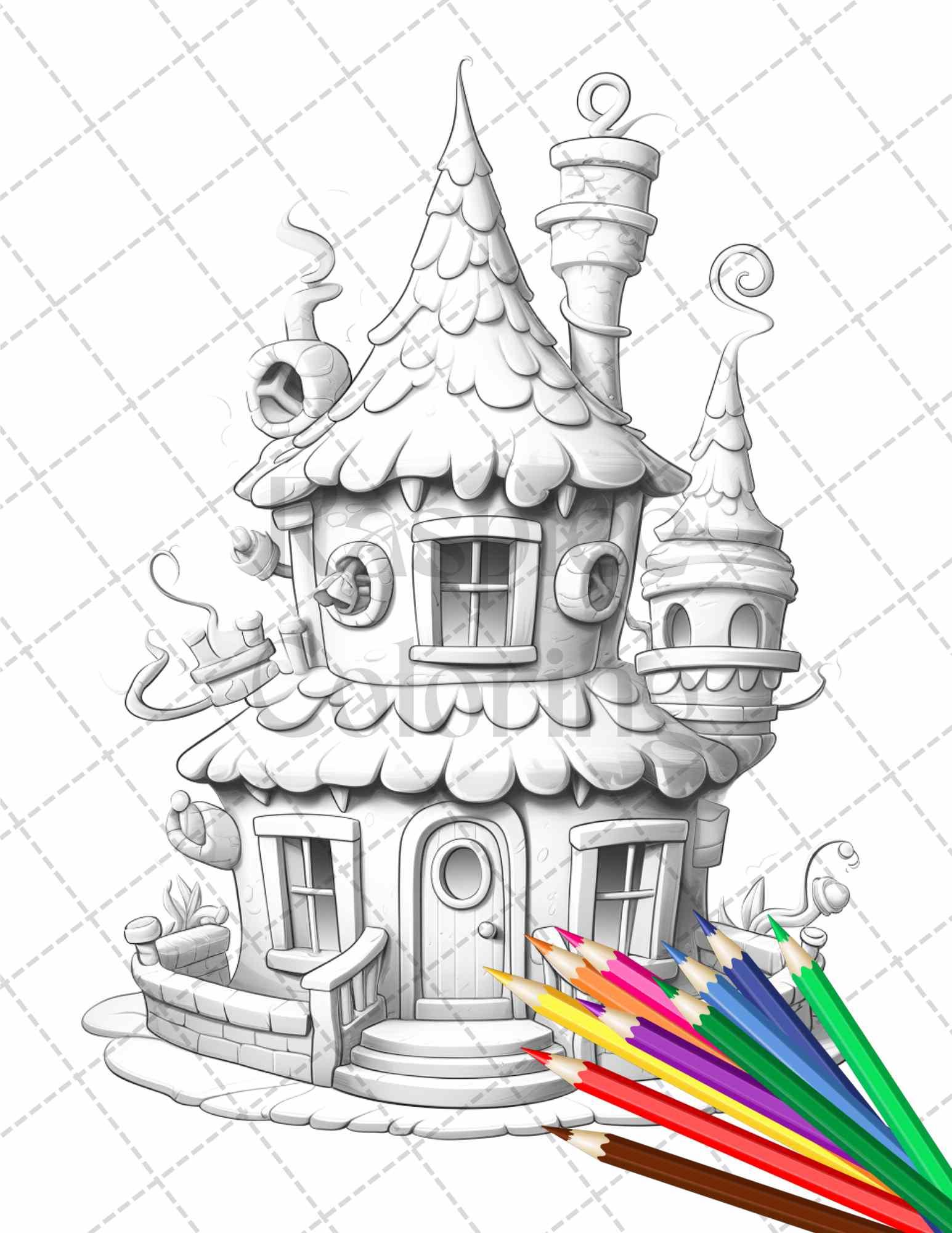 50 Adorable Cake Houses Grayscale Coloring Pages Printable for Adults and Kids, PDF File Instant Download