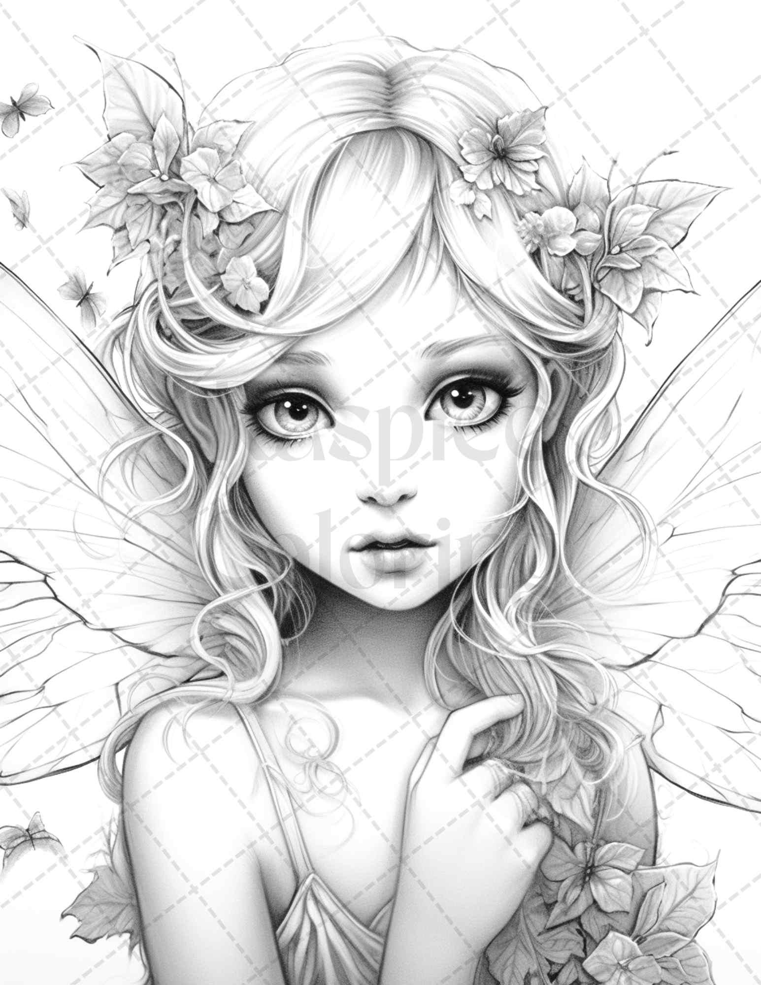 45 Adorable Chibi Fairy Grayscale Coloring Pages Printable for Adults, PDF File Instant Download