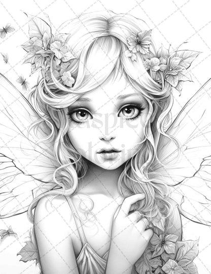 45 Adorable Chibi Fairy Grayscale Coloring Pages Printable for Adults, PDF File Instant Download