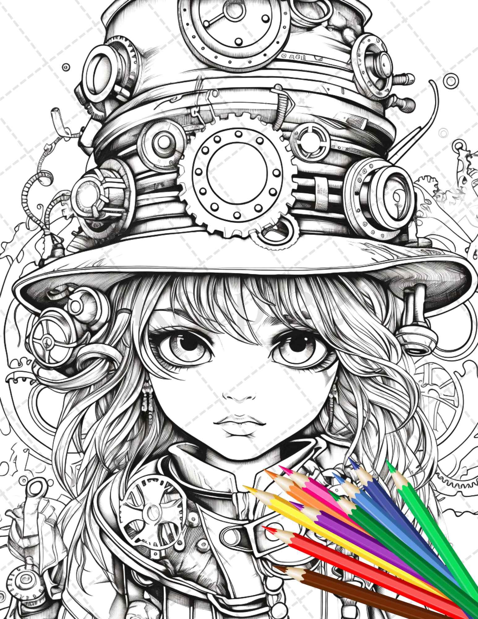 31 Adorable Steampunk Girls Coloring Pages Printable for Adults, Grayscale Coloring Page, PDF File Instant Download