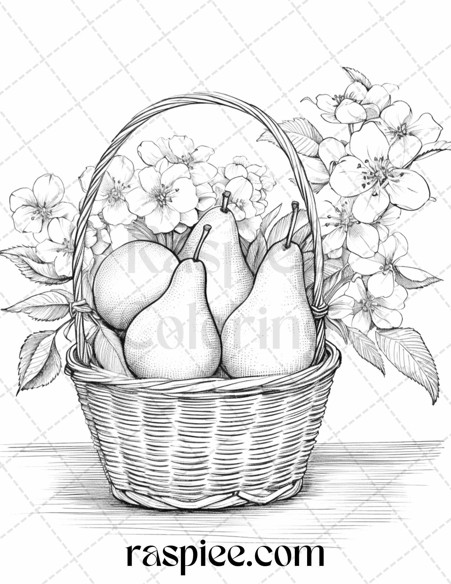 40 Fruit Basket Grayscale Coloring Pages Printable for Adults, PDF File Instant Download