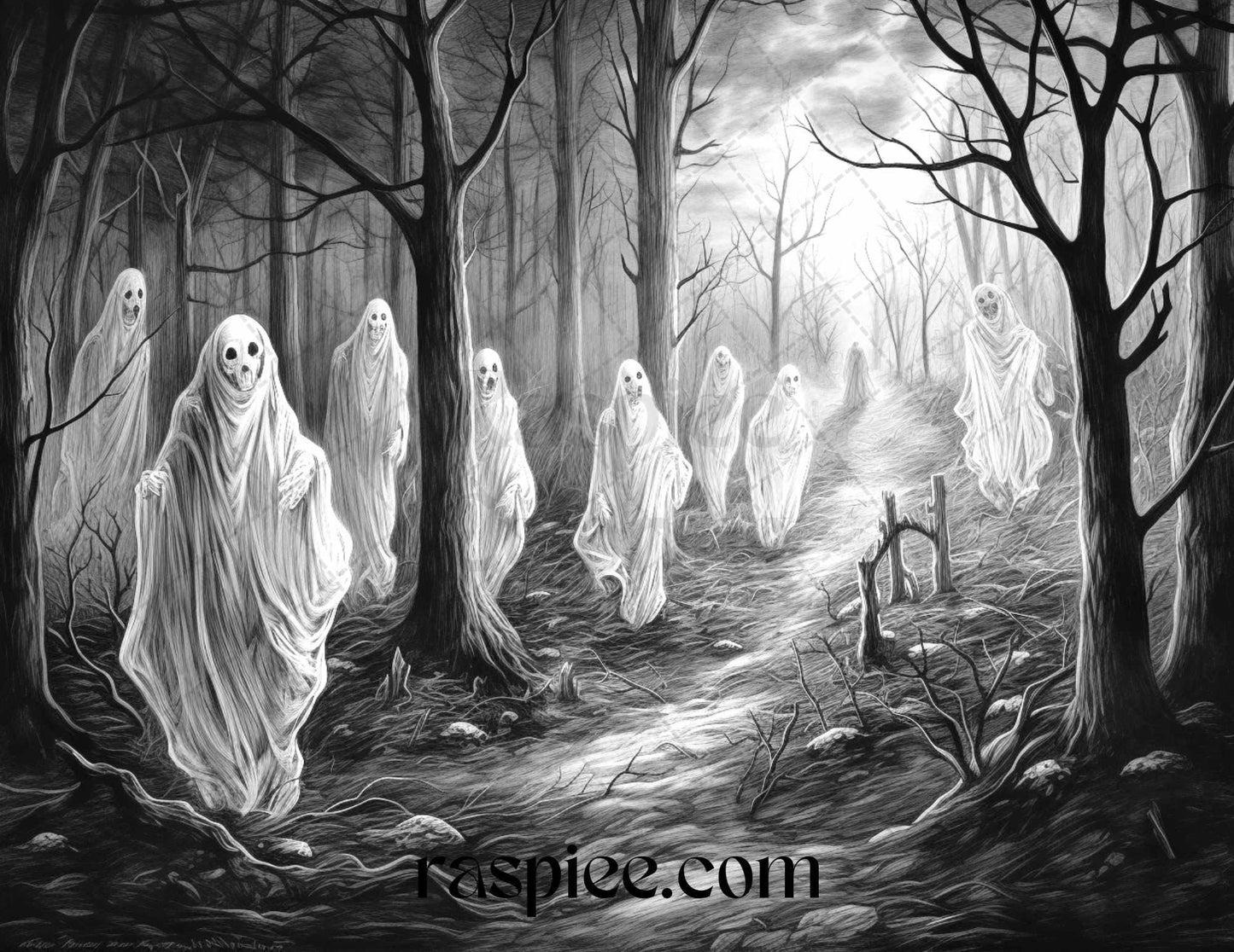 40 Halloween Landscapes Grayscale Coloring Pages Printable for Adults, PDF File Instant Download