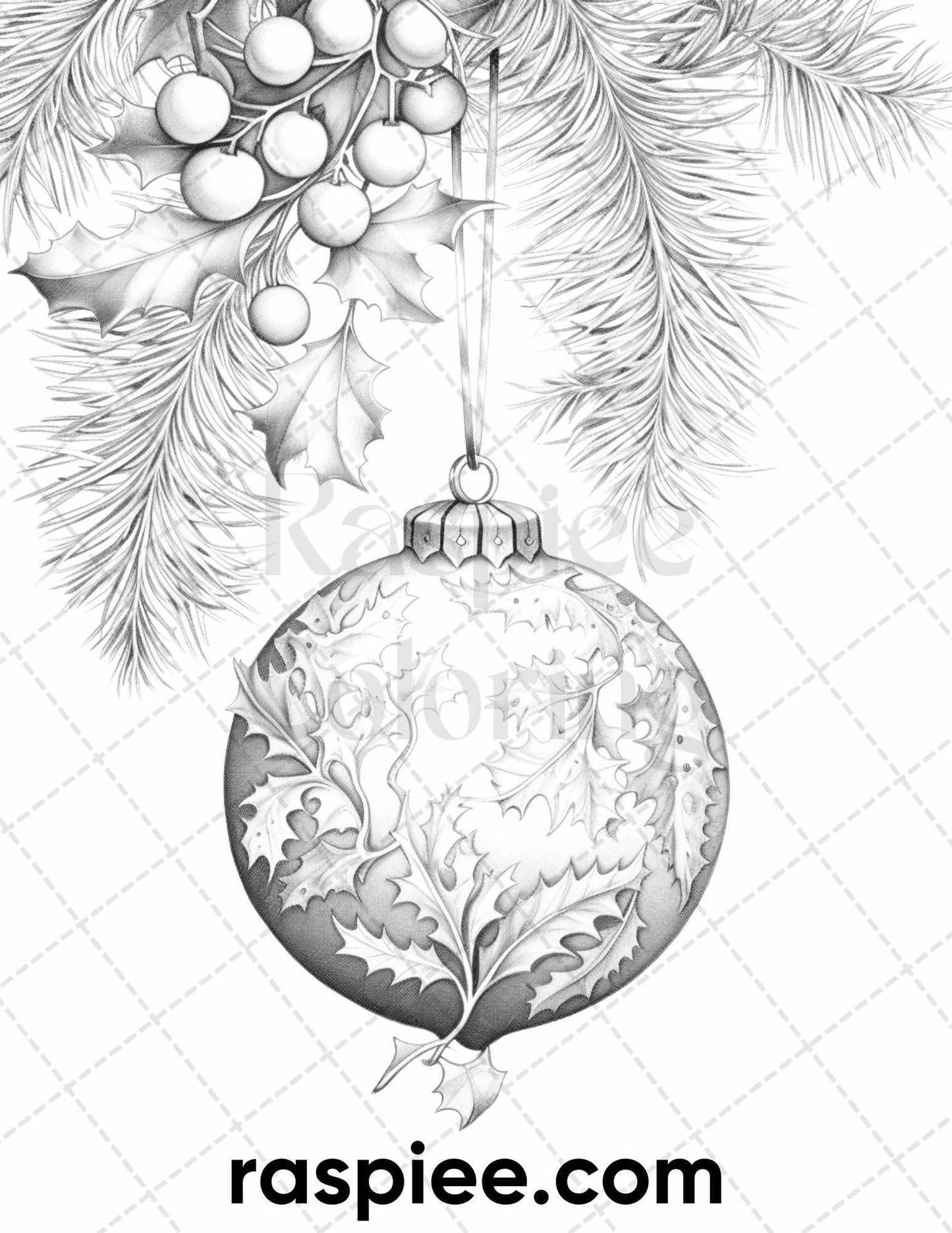 40 Christmas Balls Grayscale Coloring Pages Printable for Adults, PDF File Instant Download