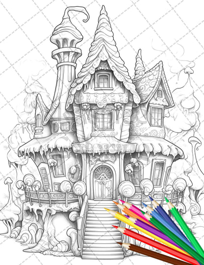 33 Ice Cream Houses Grayscale Coloring Pages Printable for Adults and Kids, PDF File Instant Download