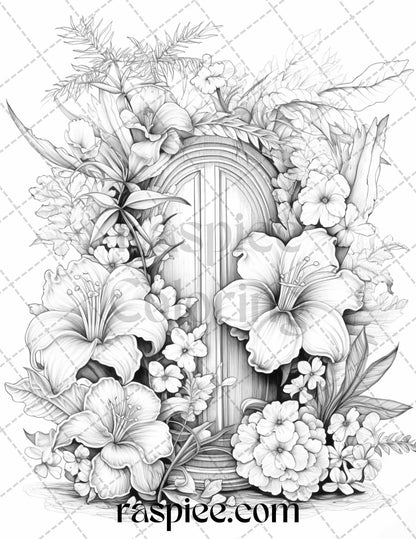 40 Flower Fairy Doors Grayscale Coloring Pages Printable for Adults, PDF File Instant Download