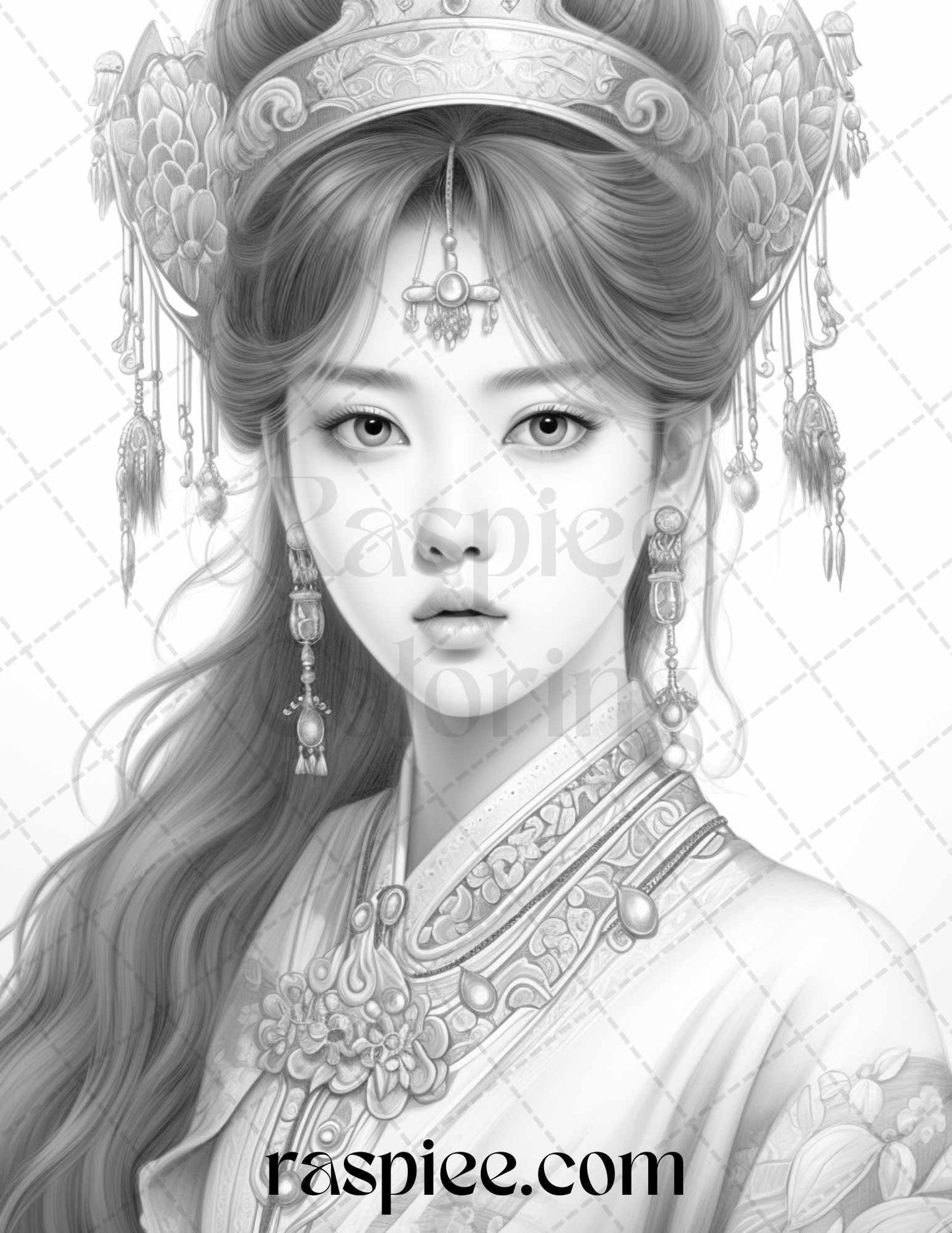 40 Beautiful Chinese Girls Grayscale Coloring Pages for Adults, Printable PDF File Instant Download