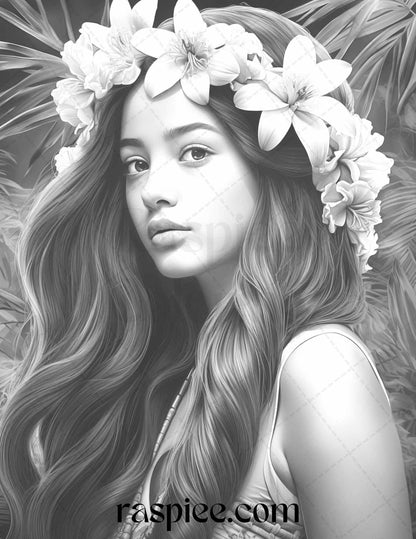 40 Hawaiian Girls Grayscale Coloring Pages Printable for Adults, PDF File Instant Download